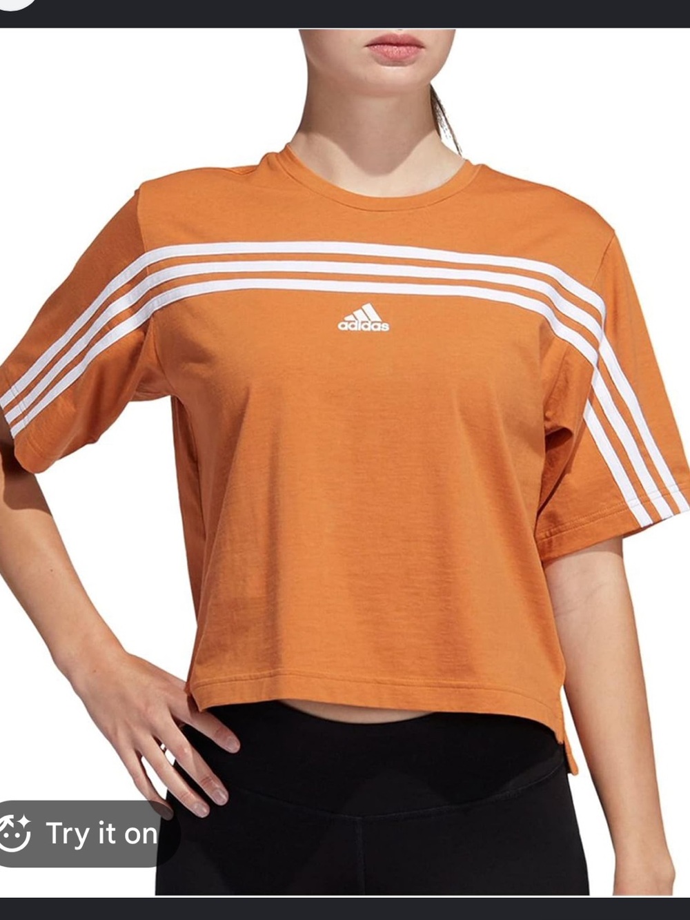 Adidas Women’s Orange Cropped Crew Tee with White Stripes